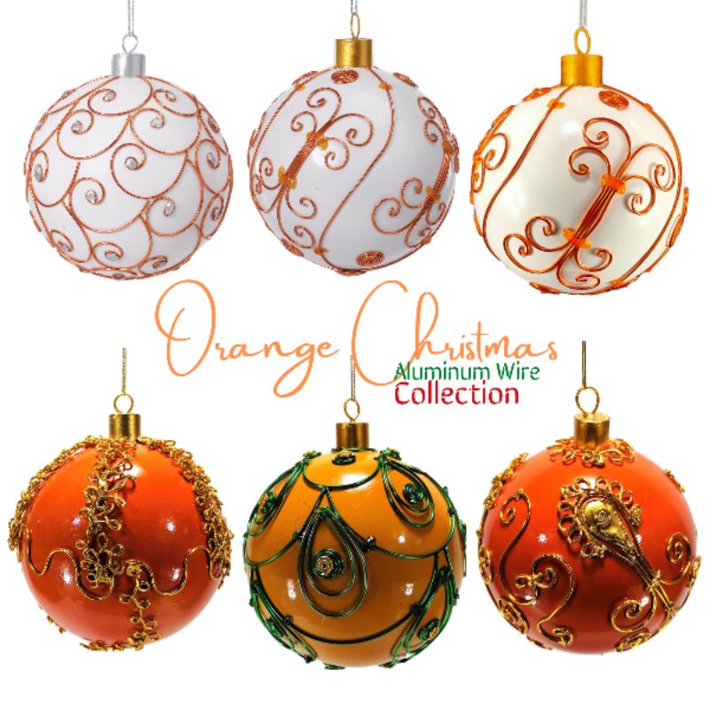 Orange Christmas Ball Ornaments Aluminum Wire Design 6pc Set 12cm