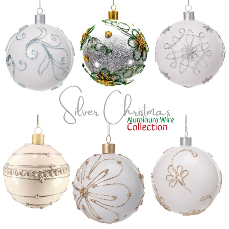 Silver Christmas Ball Ornaments Aluminum Wire Design 6pc Set 12cm