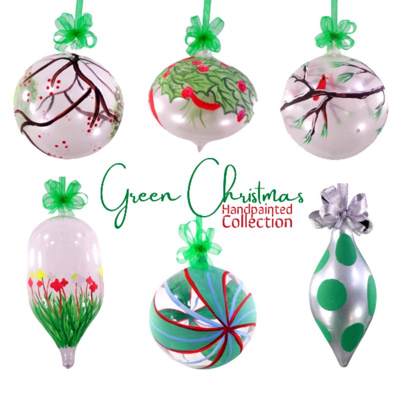 Green HandpaintedHandpainted Glass Ball Ornaments 12cm 6pc Set