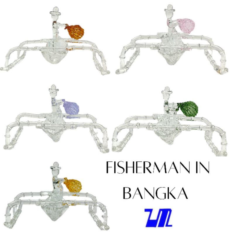 Fisherman in Bangka with Fishnet Glass Figurine Home Decor