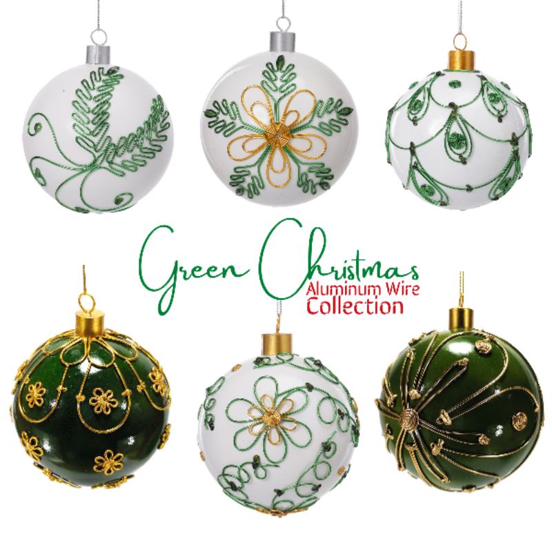 Green Christmas Ball Ornaments Aluminum Wire Design 6pc Set 12cm