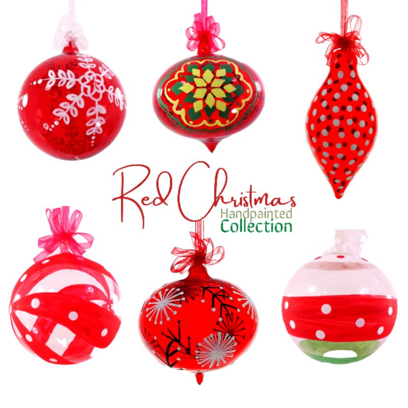 Red Handpainted Christmas Balls Big 12cm 6pcs Set