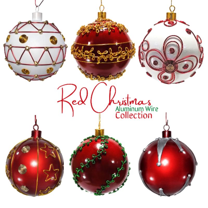 Red Christmas Ball Ornaments Aluminum Wire Design 6pc Set 12cm