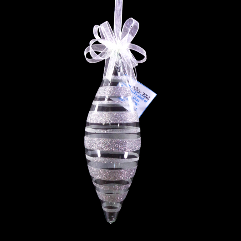 Glass Christmas Drop Ornament Silver Glitter Stripe 6pc Set for Xmas Tree Decor