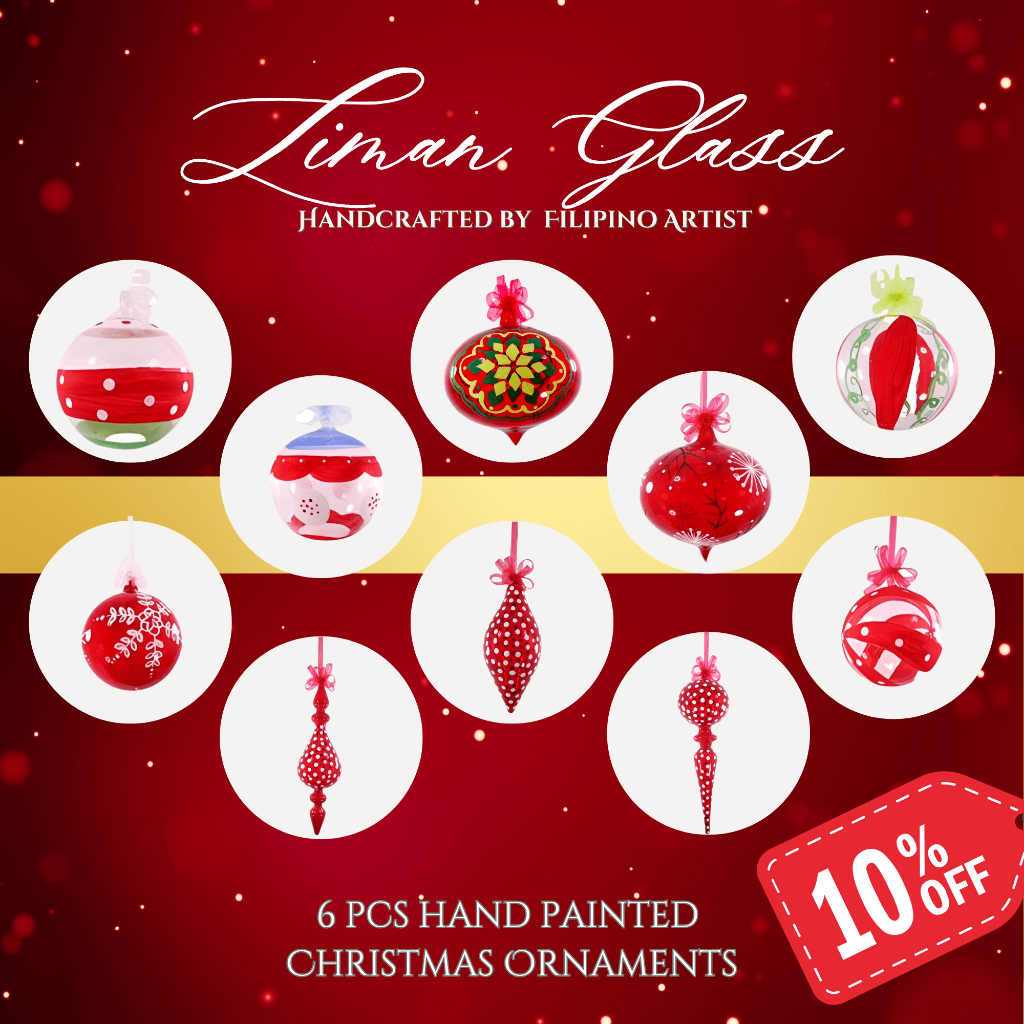 Christmas Balls Big Ornaments Glass Red Hand Painted Designs  6pcs Set