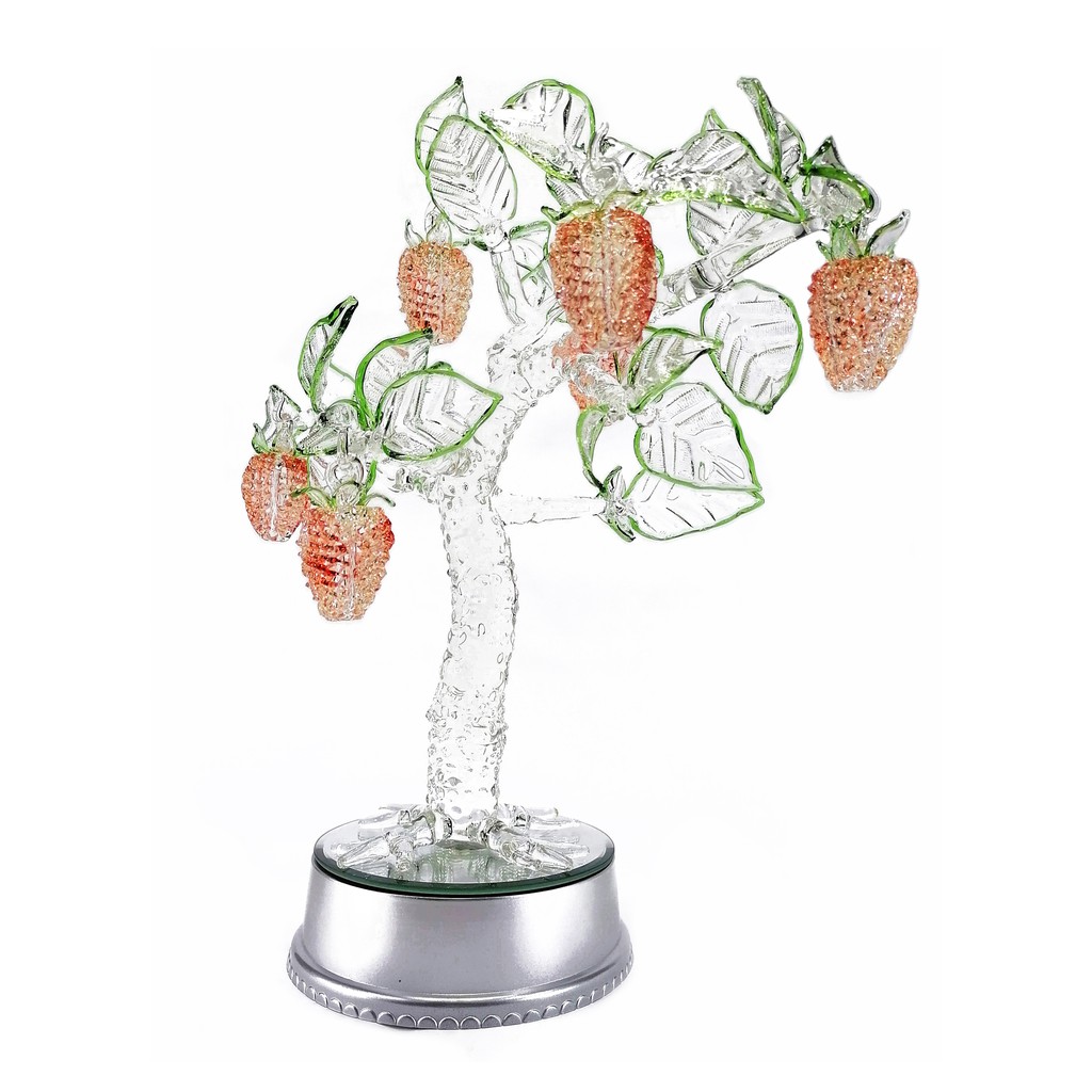 Strawberry Fruit Tree Glass Figurines Home Decor Accents with Rotating Base and LED Lights