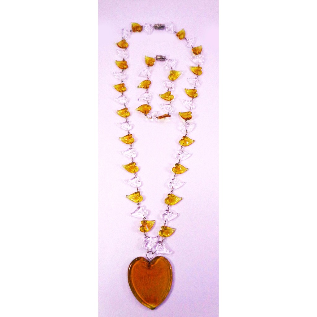Glass Solid Heart Pendant w/ Glass Slanting Heart Necklace & Bracelet Set