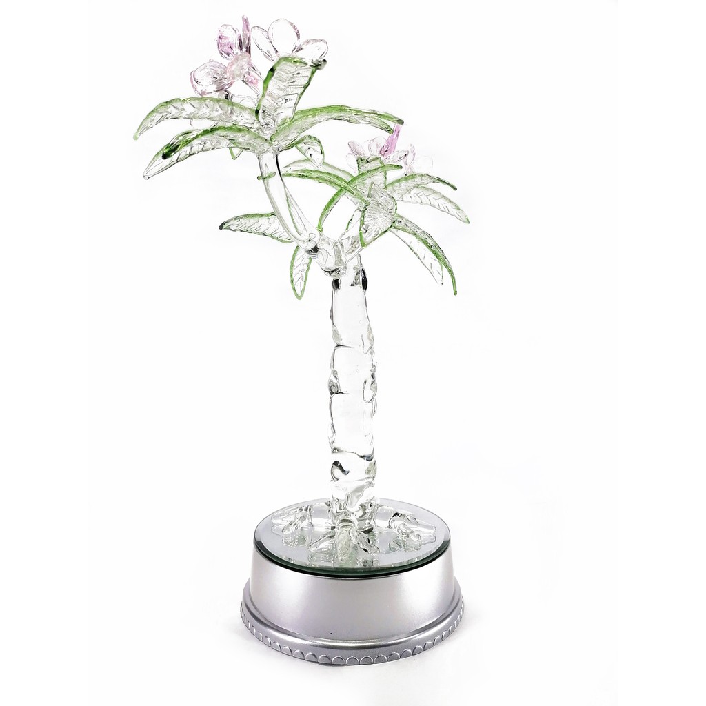 Artificial Flower Tree Pink Glass Figurines Home Decor Accents with Rotating Base and LED Lights