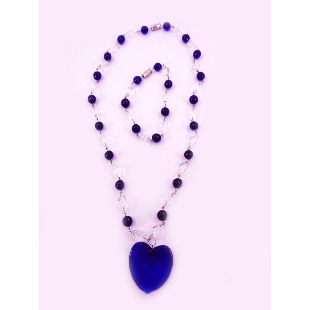 GLASS HEART PENDANT WITH GLASS BEADS NECKLACE BRACELET SET WITH JEWELRY BOX