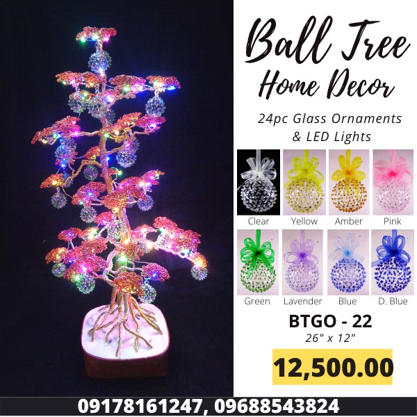Artificial Tree Home Decor Wire Art Sculpture with Dotted Glass Ball Ornaments and LED Lights