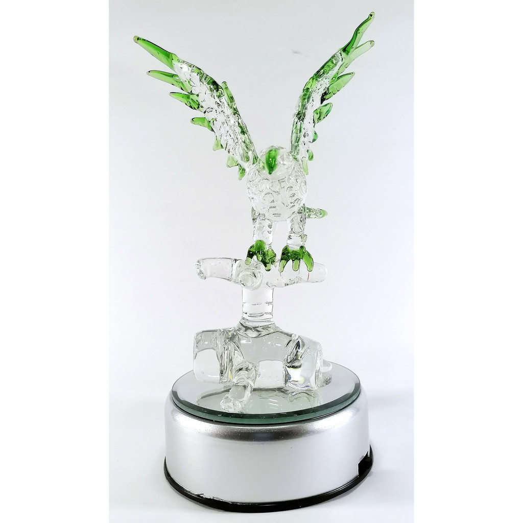 Philippine Blue Eagle Glass Figurine with Rotating Base and LED Lights Home Decoration (Green)