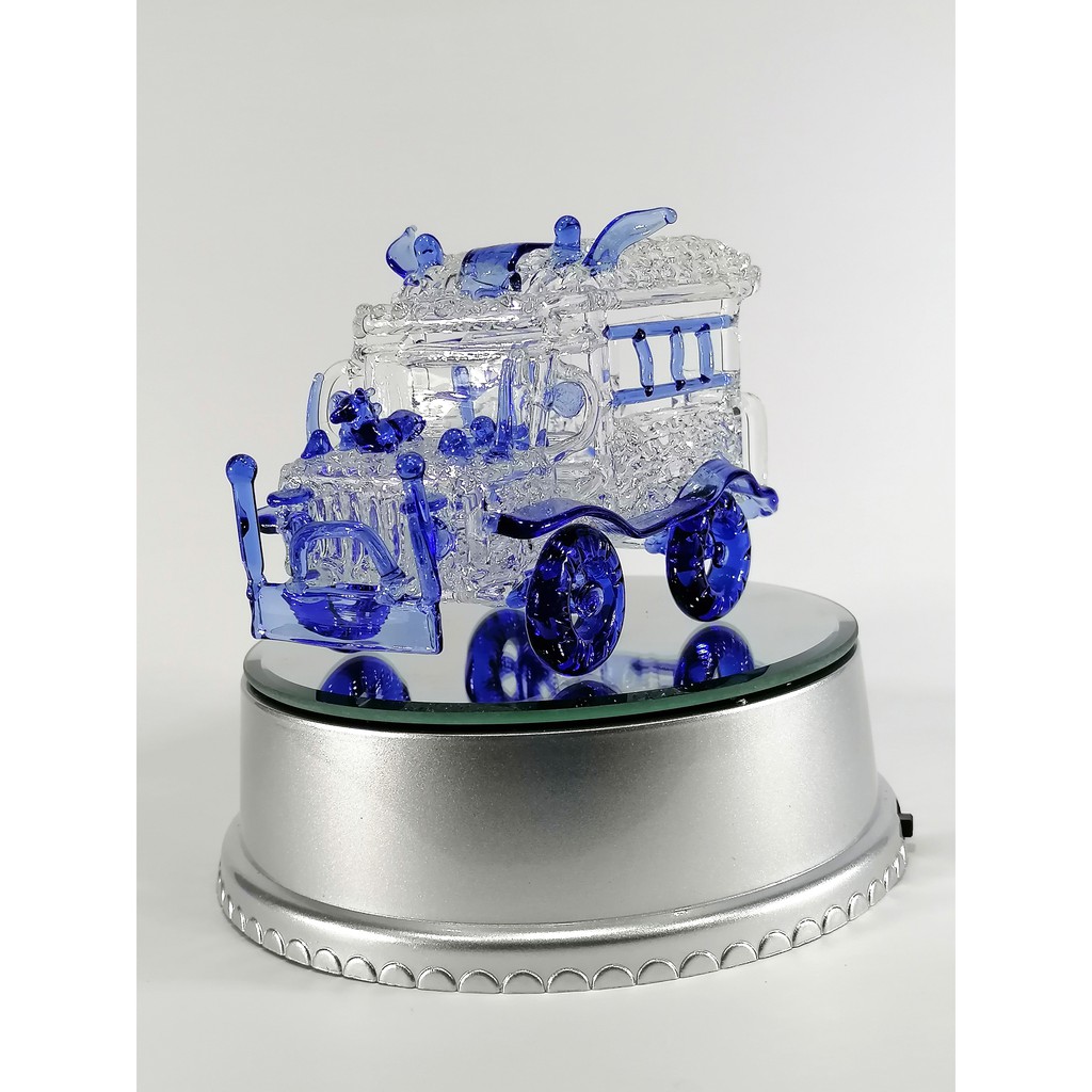 Philippine Jeep Glass Figurine with Rotating Base and LED Lights Home Decoration (Blue)