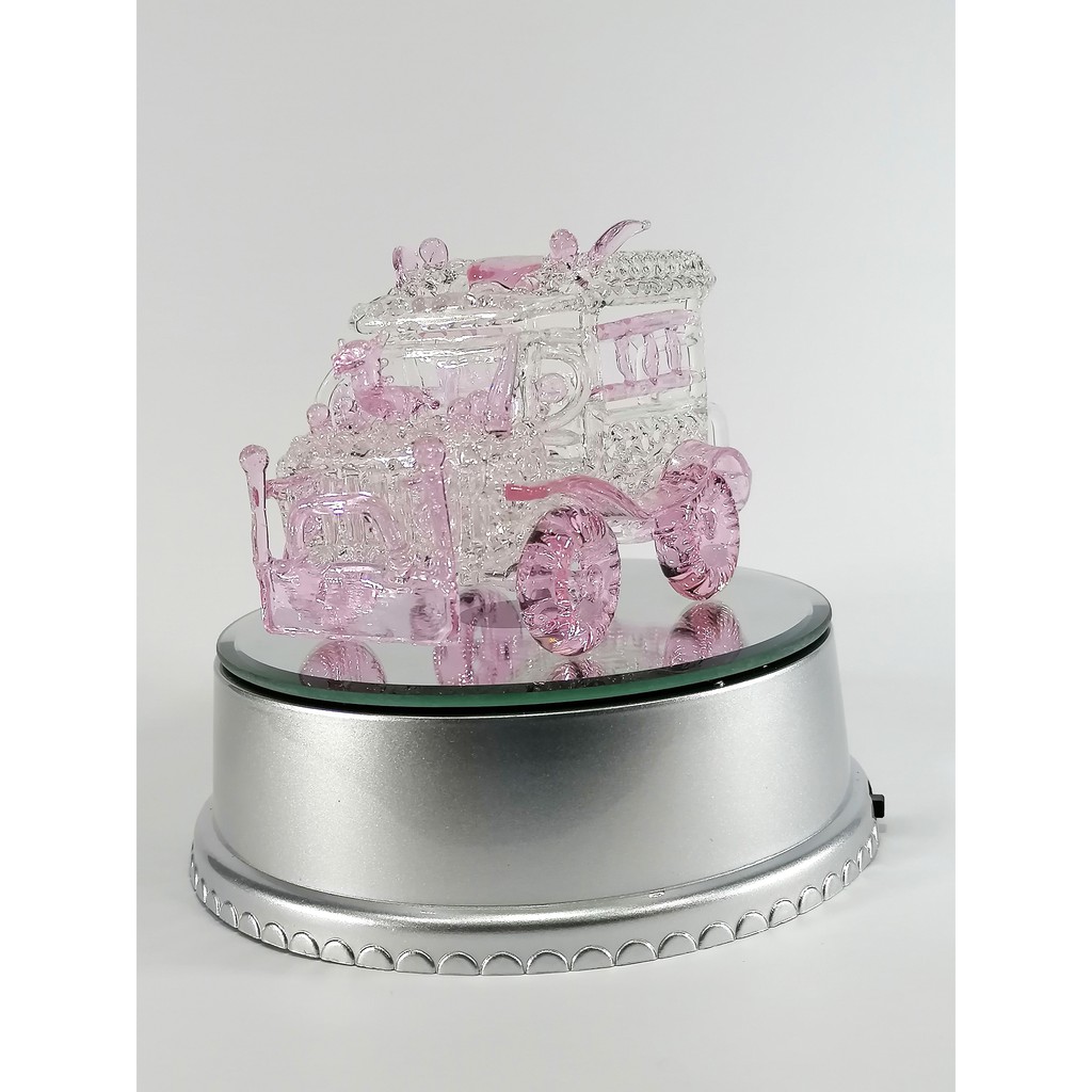 Philippine Jeep Glass Figurine with Rotating Base and LED Lights Home Decoration (Pink)