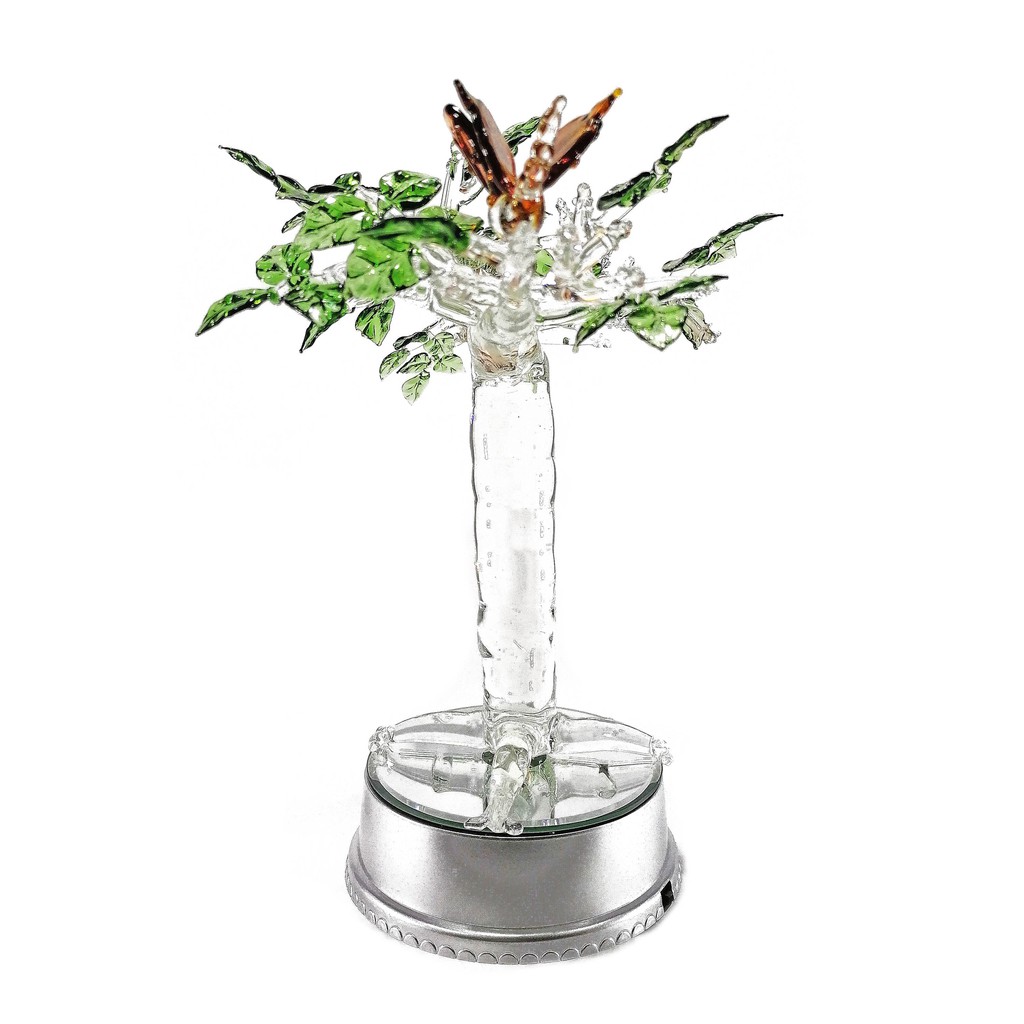 Adam & Eve Tree Artificial Flower Glass Figurines Home Decor Accents with Rotating Base and LED Ligh