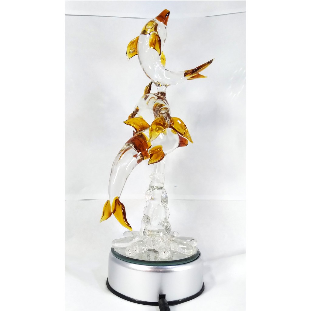 Dolphin Glass Figurine Blue, Green & Amber with Rotating Base and LED Lights