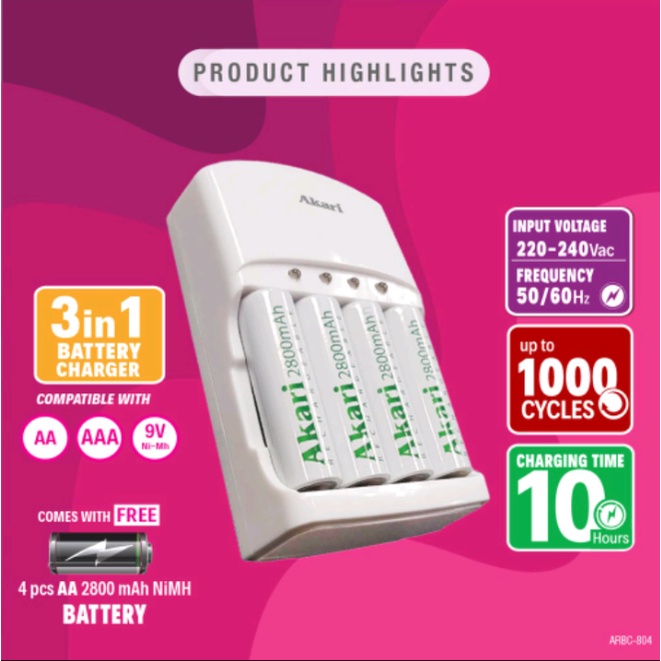 Akari Battery Charger with 4pc Rechargeable Batteries compatible with AA, AAA and 9 volts (ARBC 804)
