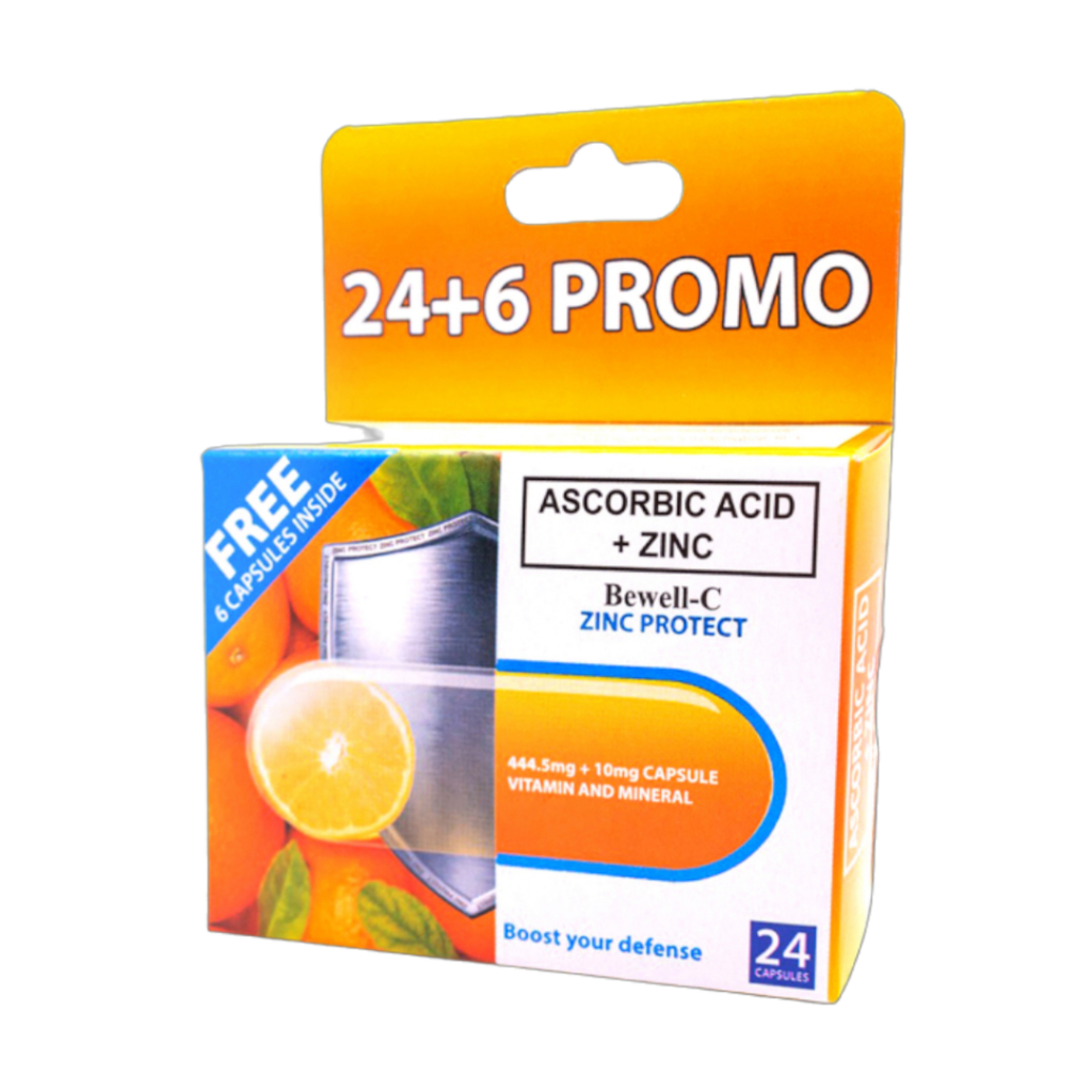 Bewell-C Zinc Protect Ascorbic Acid plus Zinc 500mg/capsule, 24+6 Promo Boost your Immune System