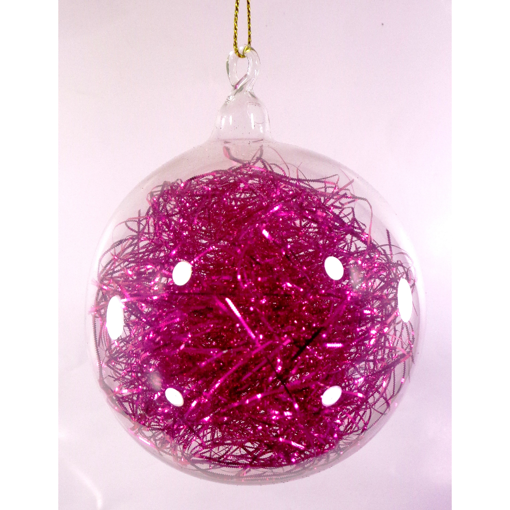 Fuchsia Pink Christmas Ornaments 6pc Set Handblown Glass Ball with Shreds Christmas Decor