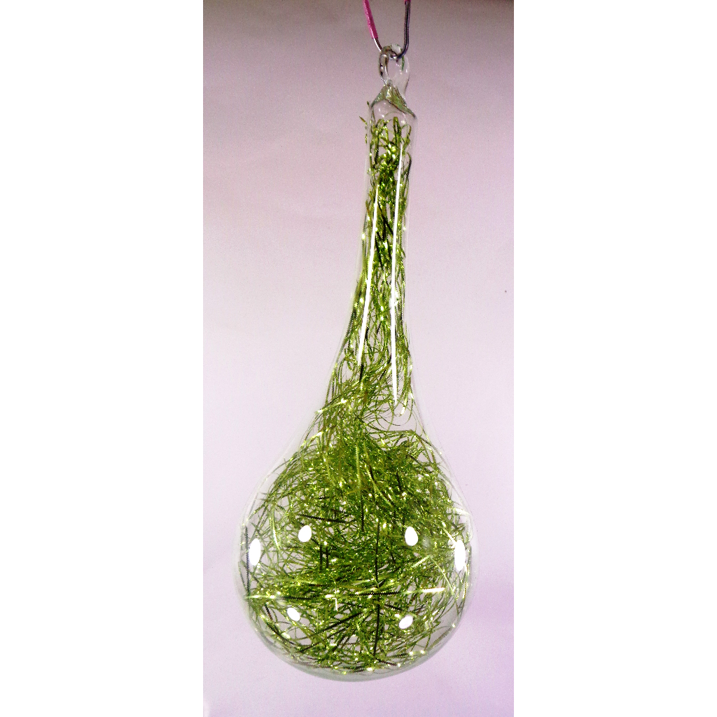 Green Christmas Ornaments 6pc Set Handblown Glass Drops with Shreds Christmas Decor