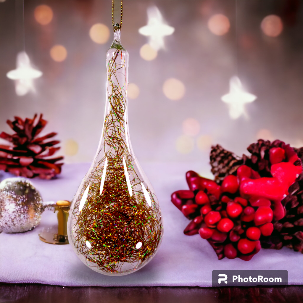 Gold Christmas Ornaments 6pc Set Handblown Glass Drops with Shreds Christmas Decor