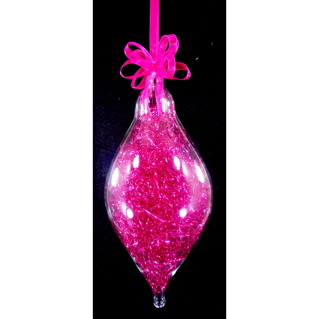 Fuchsia Pink Christmas Ornaments 6pc Set Handblown Glass Oval with Shreds Christmas Decor