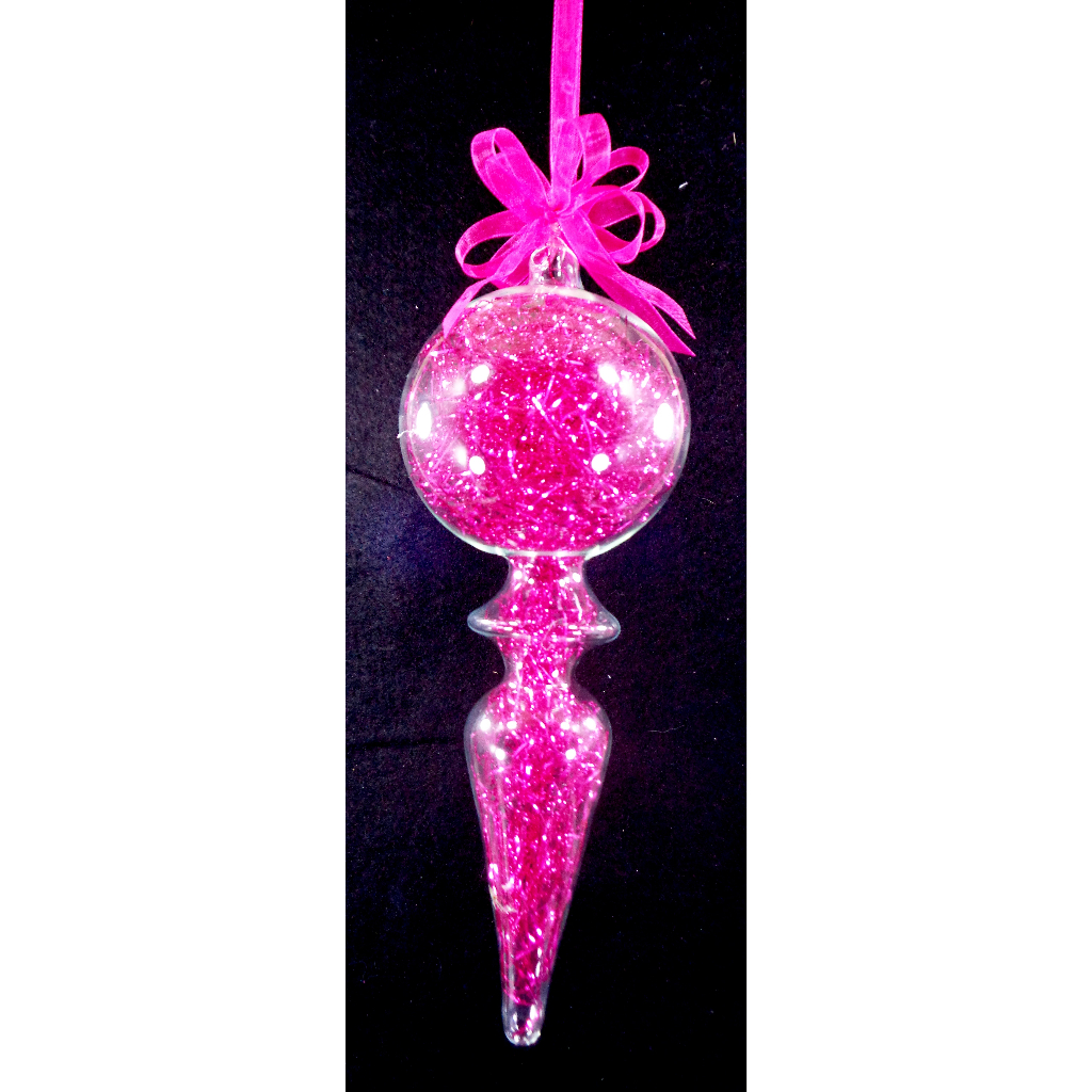 Fuchsia Pink Christmas Ornaments 6pc Set Handblown Glass Finial with Shreds Christmas Decor