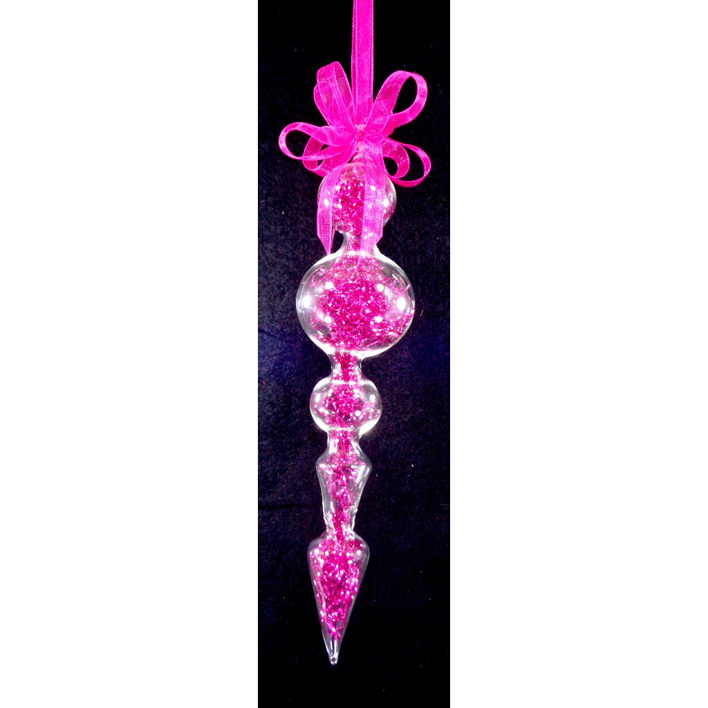 Fuchsia Pink Christmas Ornaments 6pc Set Handblown Glass Finial with Shreds Christmas Decor