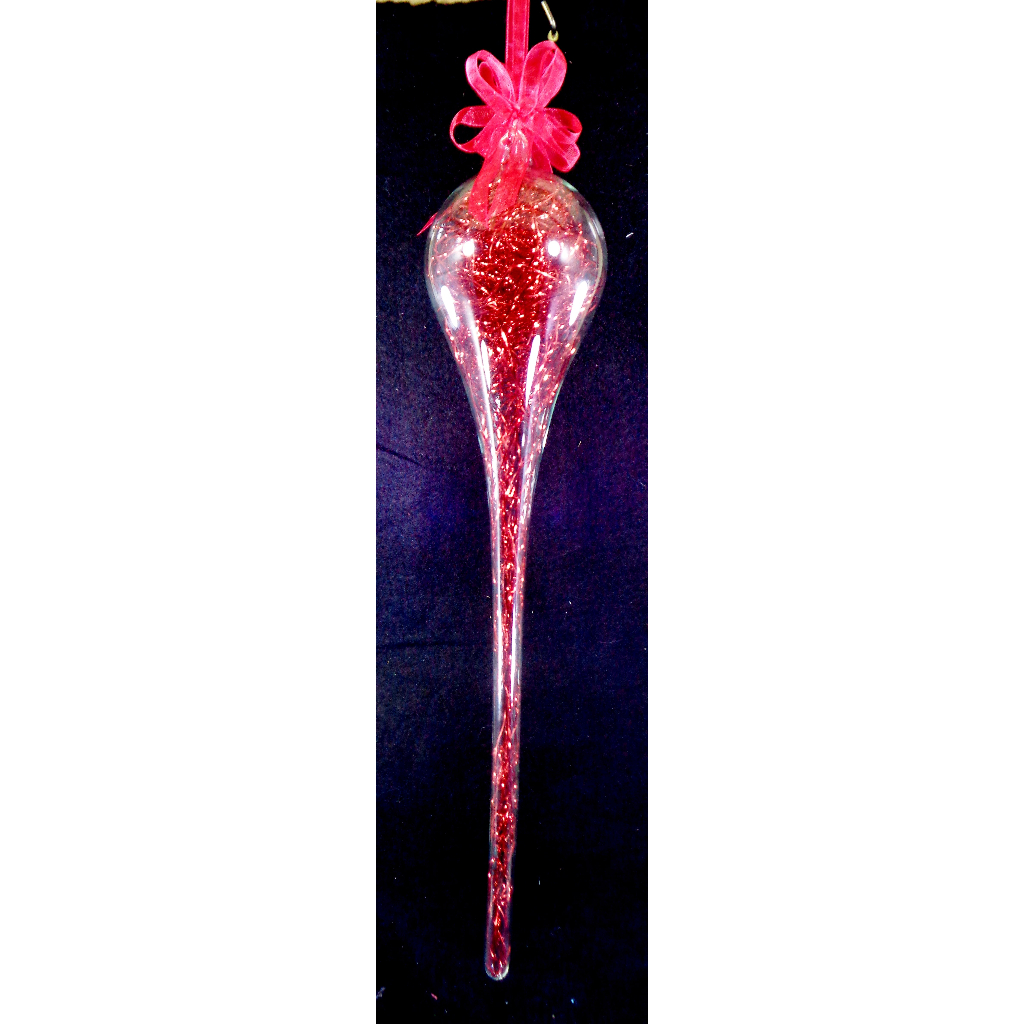 Red Christmas Ornaments 6pc Set Handblown Glass Inverted Drops with Shreds Christmas Decor