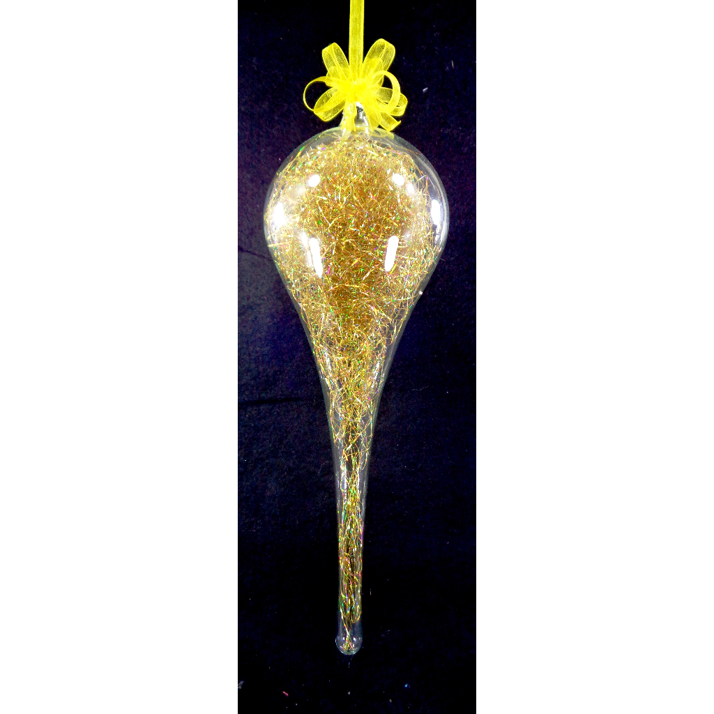 Gold Christmas Ornaments 6pc Set Handblown Glass Inverted Drops with Shreds Christmas Decor