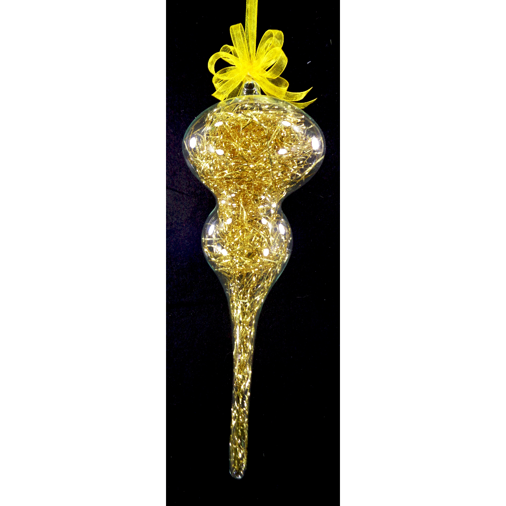 Gold Christmas Ornaments 6pc Set Handblown Glass Finial with Shreds Christmas Decor