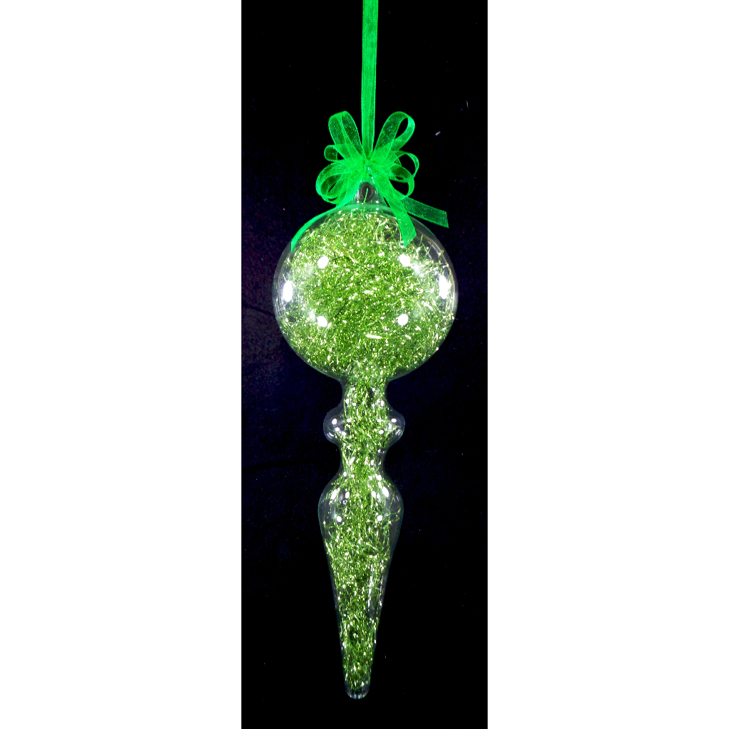 Green Christmas Ornaments 6pc Set Handblown Glass Finial with Shreds Christmas Decor
