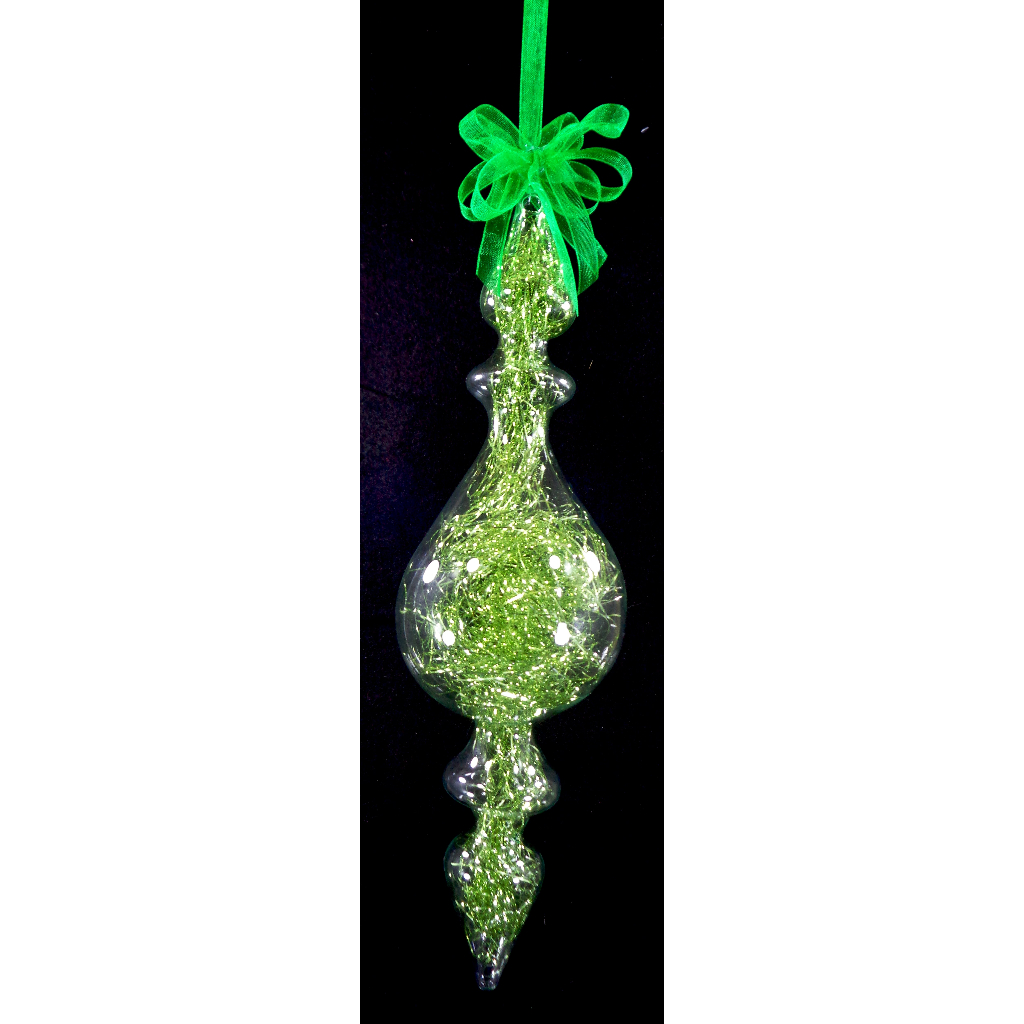 Green Christmas Ornaments 6pc Set Handblown Glass Finial with Shreds Christmas Decor