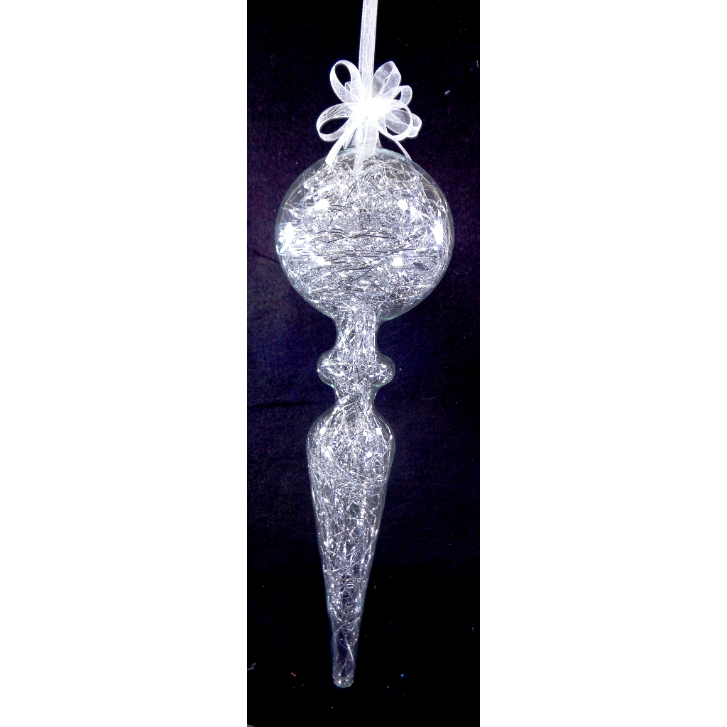 Silver Christmas Ornaments 6pc Set Handblown Glass Finial with Shreds Christmas Decor