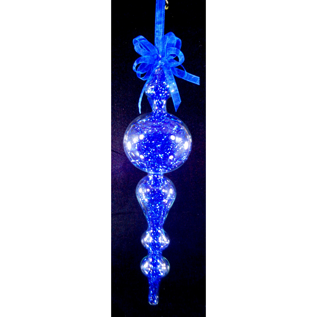 Blue Christmas Ornaments 6pc Set Handblown Glass Finial with Shreds Christmas Decor