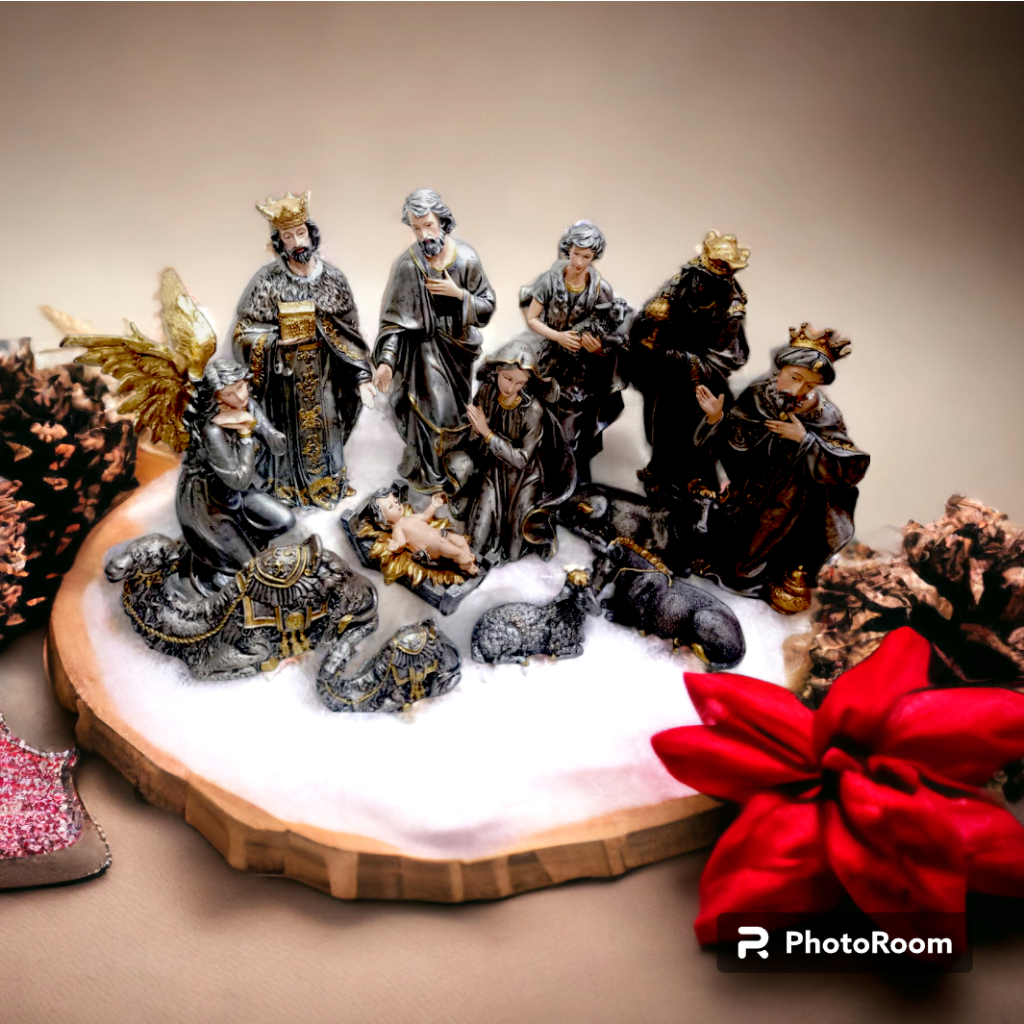 15 Inch Christmas Belen Nativity Set Silver Fiber Resin 13pcs Handmade Christmas Decorations