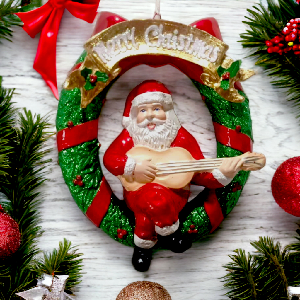 Santa Playing Guitar Hanging Wall Christmas Wreath Fiber Resin 12"