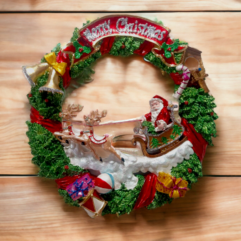 Santa in Sleigh with Raindeer Hanging Wall Christmas Wreath Fiber Resin 15"