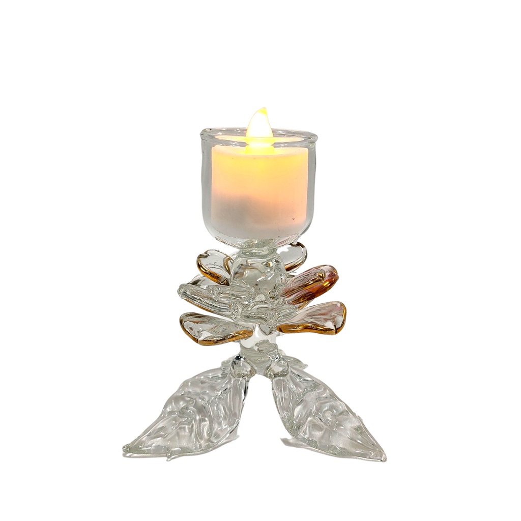 Glass Candle Holder with Gold Accent for Table with LED Tealight Set 4"