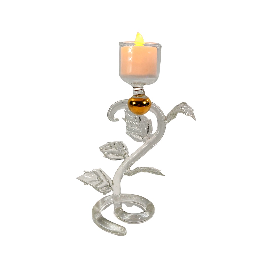 Glass Candle Holder Swirl Stand with Gold Accent and LED Tealight