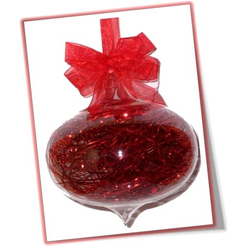 Set of 6pc Glass Christmas Ornaments with Red Glitter Shreds & Organza Ribbon for Xmas Tree Hanging
