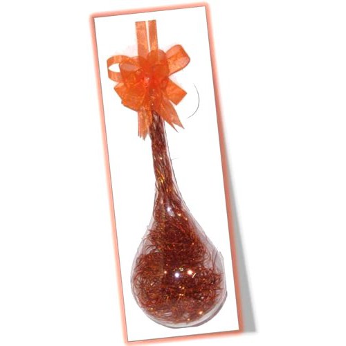 Set of 6pc Glass Christmas Ornaments with Orange Glitter Shreds & Organza Ribbon for Xmas Tree