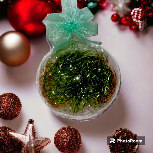 Set of 6pc Glass Christmas Ball Ornaments with Green Shreds and Organza Ribbon for Xmas Tree Hanging