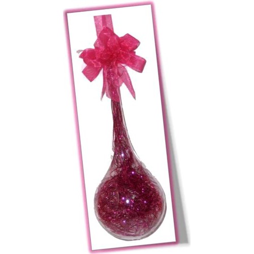 Set of 6pc Glass Christmas Drops Ornaments with Pink Shreds and Organza Ribbon for Xmas Tree Hanging