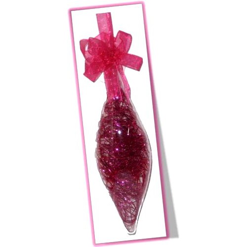 Set of 6pc Glass Christmas Ornaments w/ Fuschia Pink Shreds and Organza Ribbon for Xmas Tree Hanging