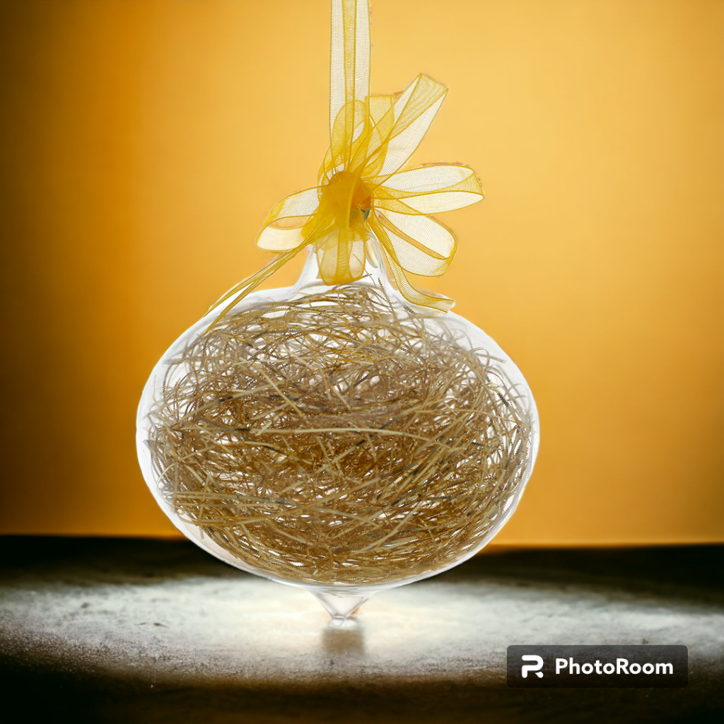 Gold Christmas Ornaments 6pc Set Handblown Glass Trumpo with Shreds Christmas Decor