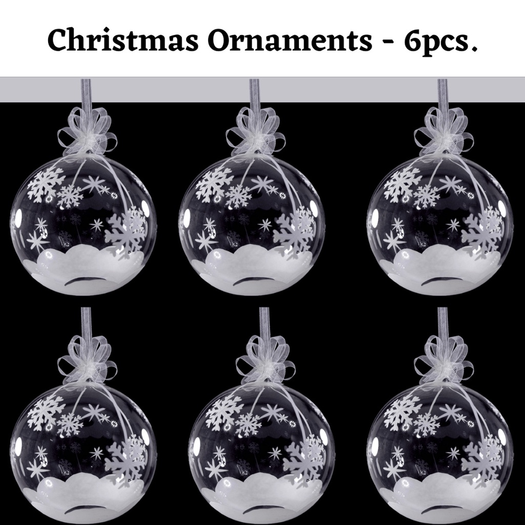 Set of 6pc Handpainted White Christmas Glass Ornaments with Organza Ribbon for Xmas Tree Hanging Dec