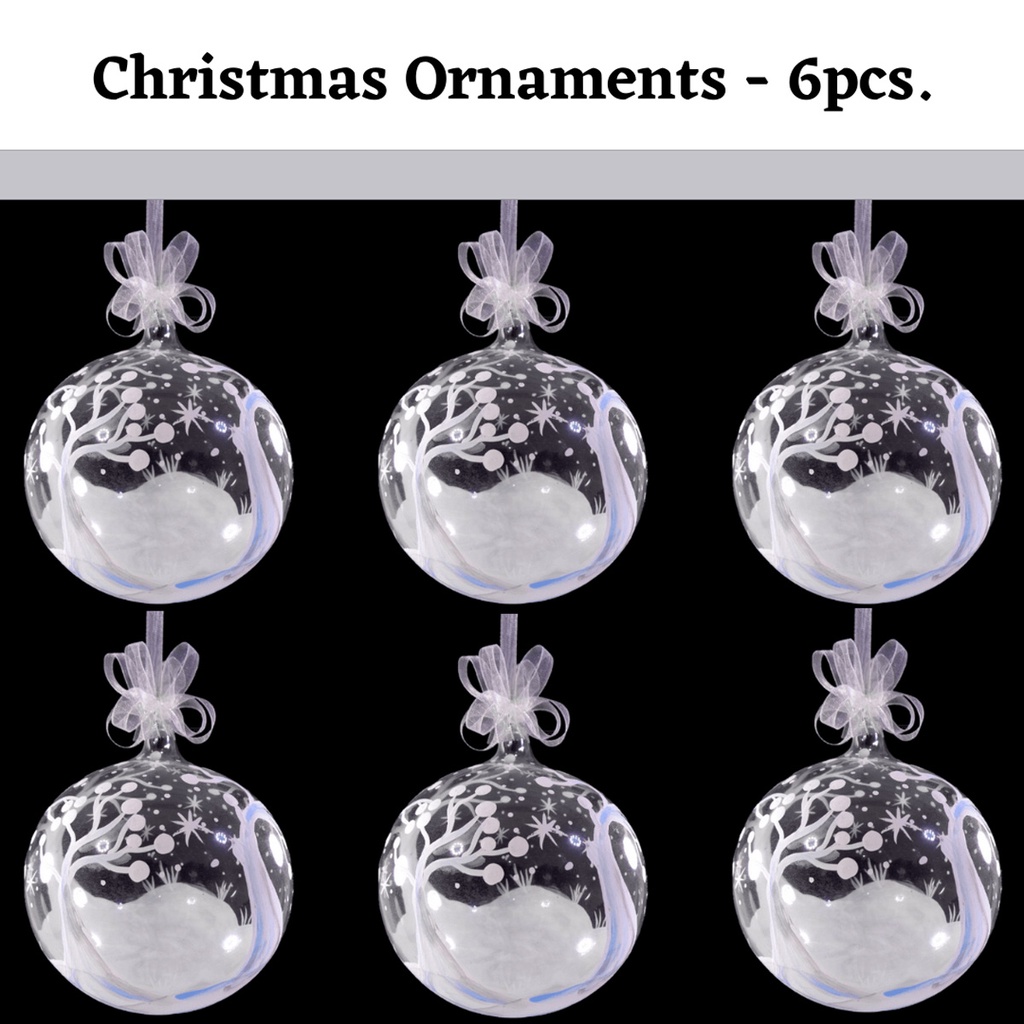 Set of 6pc Handpainted White Christmas Glass Ornaments with Organza Ribbon for Xmas Tree Hanging Dec