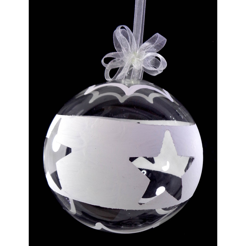 Set of 6pc Handpainted White Christmas Glass Ornaments with Organza Ribbon for Xmas Tree Hanging Dec