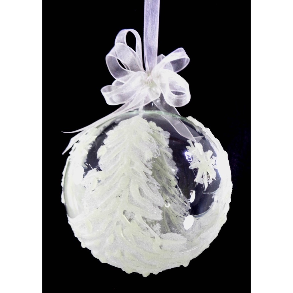Set of 6pc Handpainted White Christmas Glass Ornaments with Organza Ribbon for Xmas Tree Hanging Dec