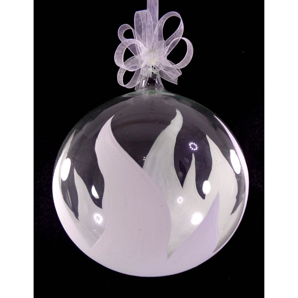 Set of 6pc Handpainted White Christmas Glass Ornaments with Organza Ribbon for Xmas Tree Hanging Dec
